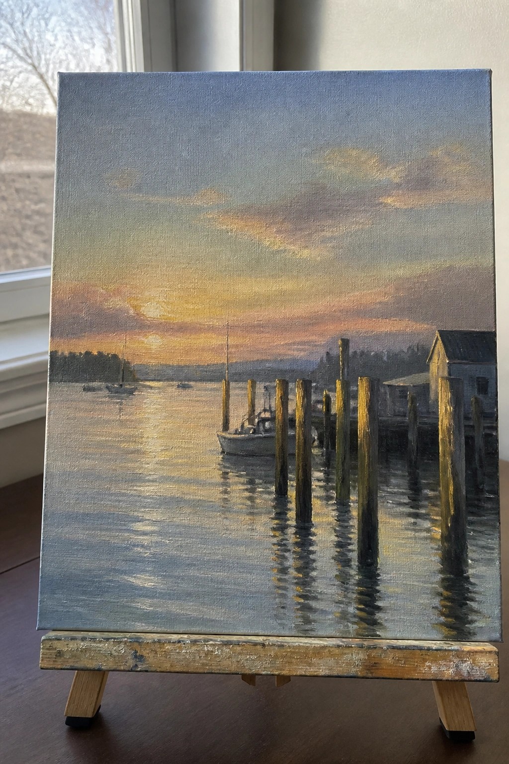 Oil painting of sunset harbor with boat, wooden pilings, and golden water reflections.