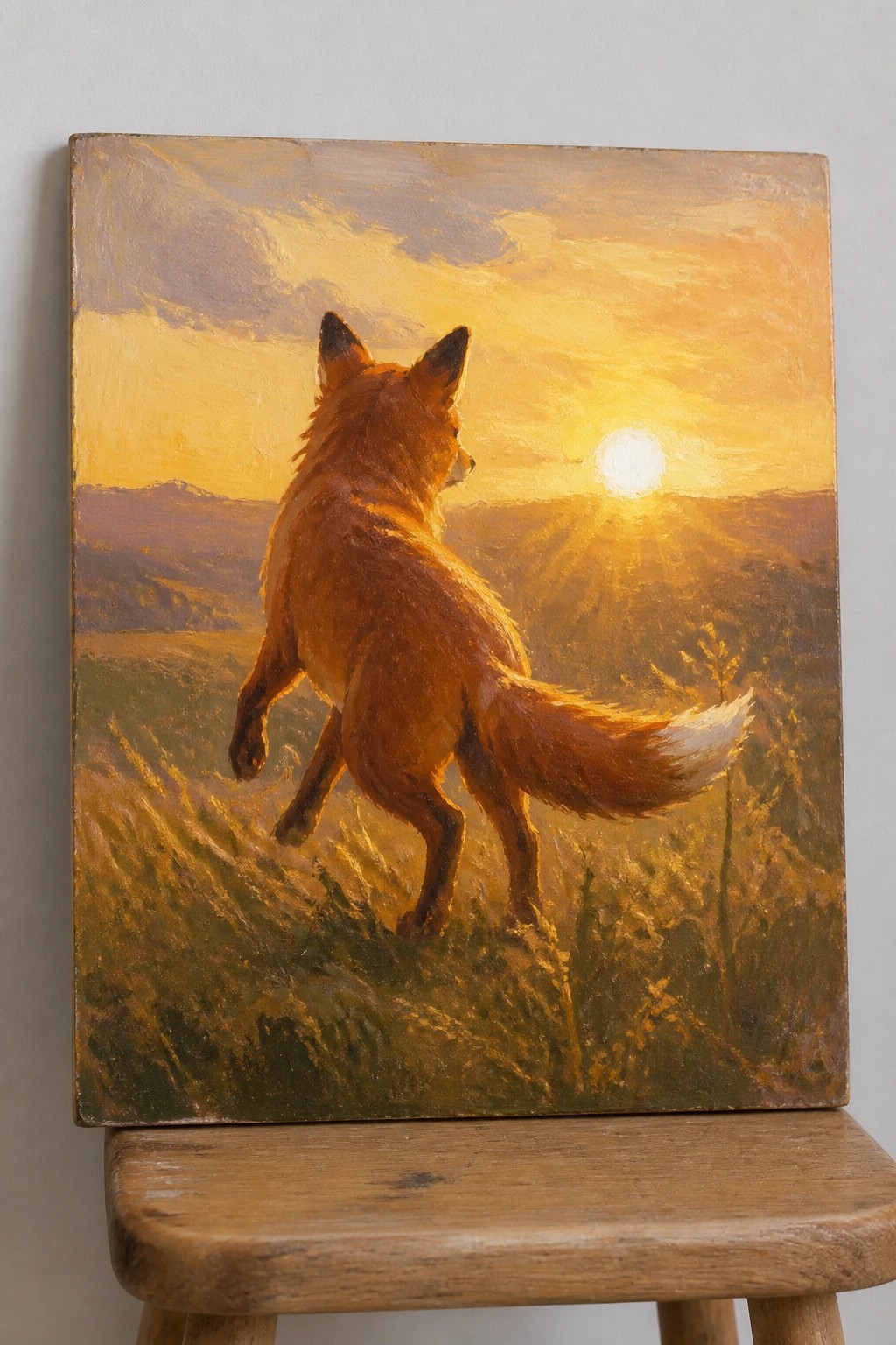 Orange fox stands on grassy hill facing bright sunset over mountains