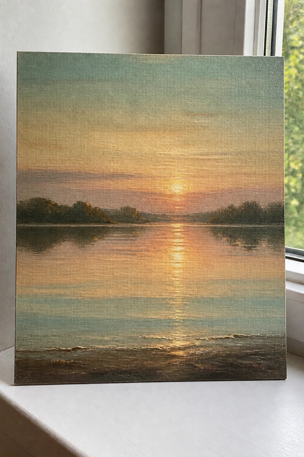 Painting of golden sunset reflecting on calm water with tree-lined horizon on windowsill