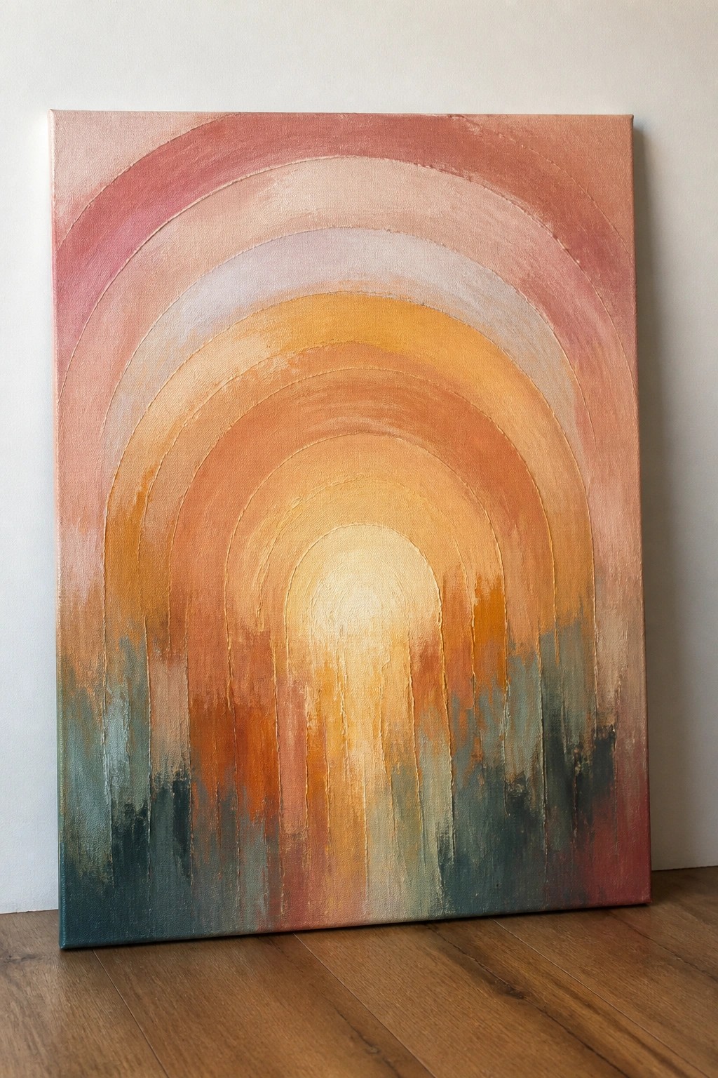 Abstract rainbow painting with gradient pink-to-yellow arches and textured teal base