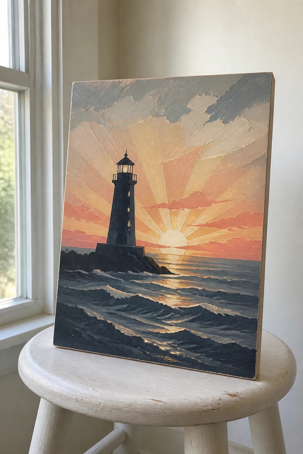 Painting of lighthouse against orange sunset over waves, propped on wooden stool by window.