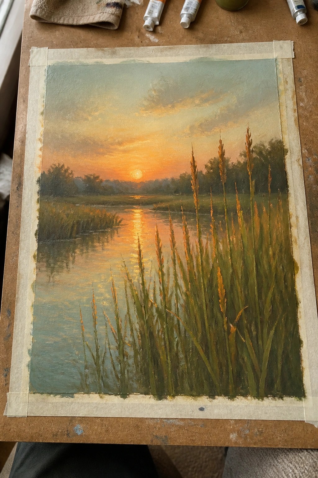 Oil painting of sunset over river with tall reeds, paint tubes on wooden table