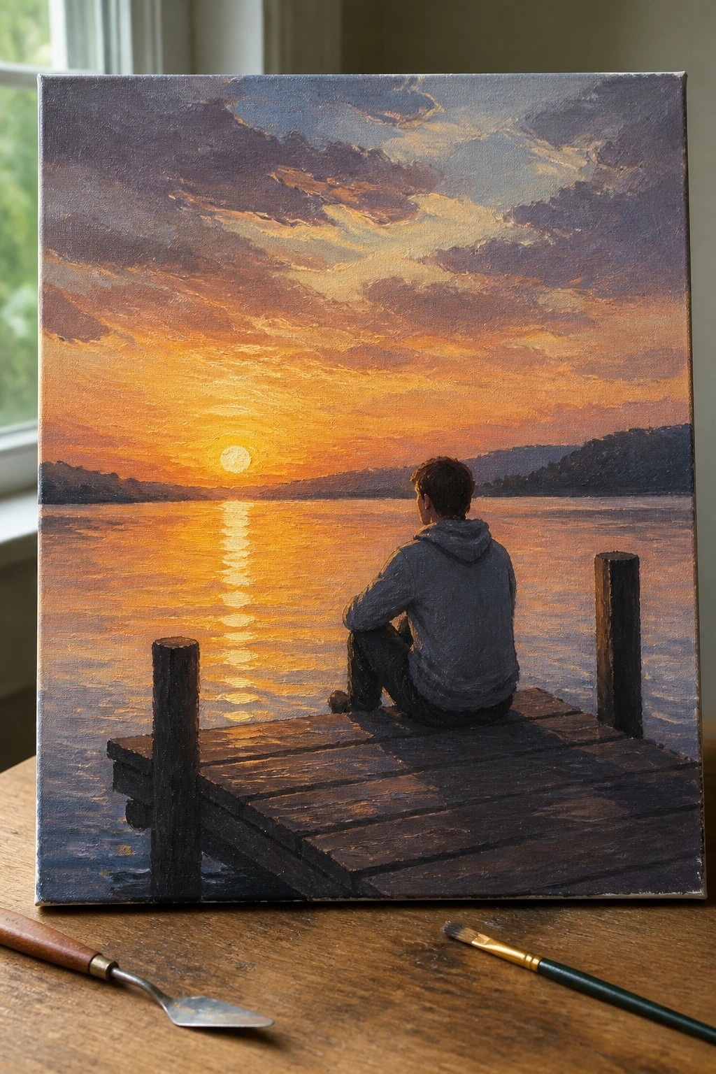 An oil painting of a person sitting on a wooden dock at sunset, looking out over water with the sun reflecting on the surface and hills in the background, with art tools in the foreground.