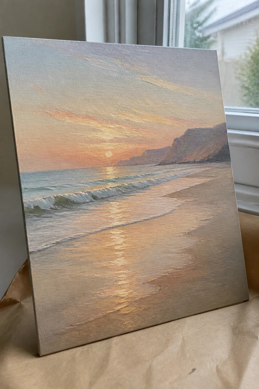 Sunset beach painting on canvas leaning against window, showing ocean waves and sandy shore.