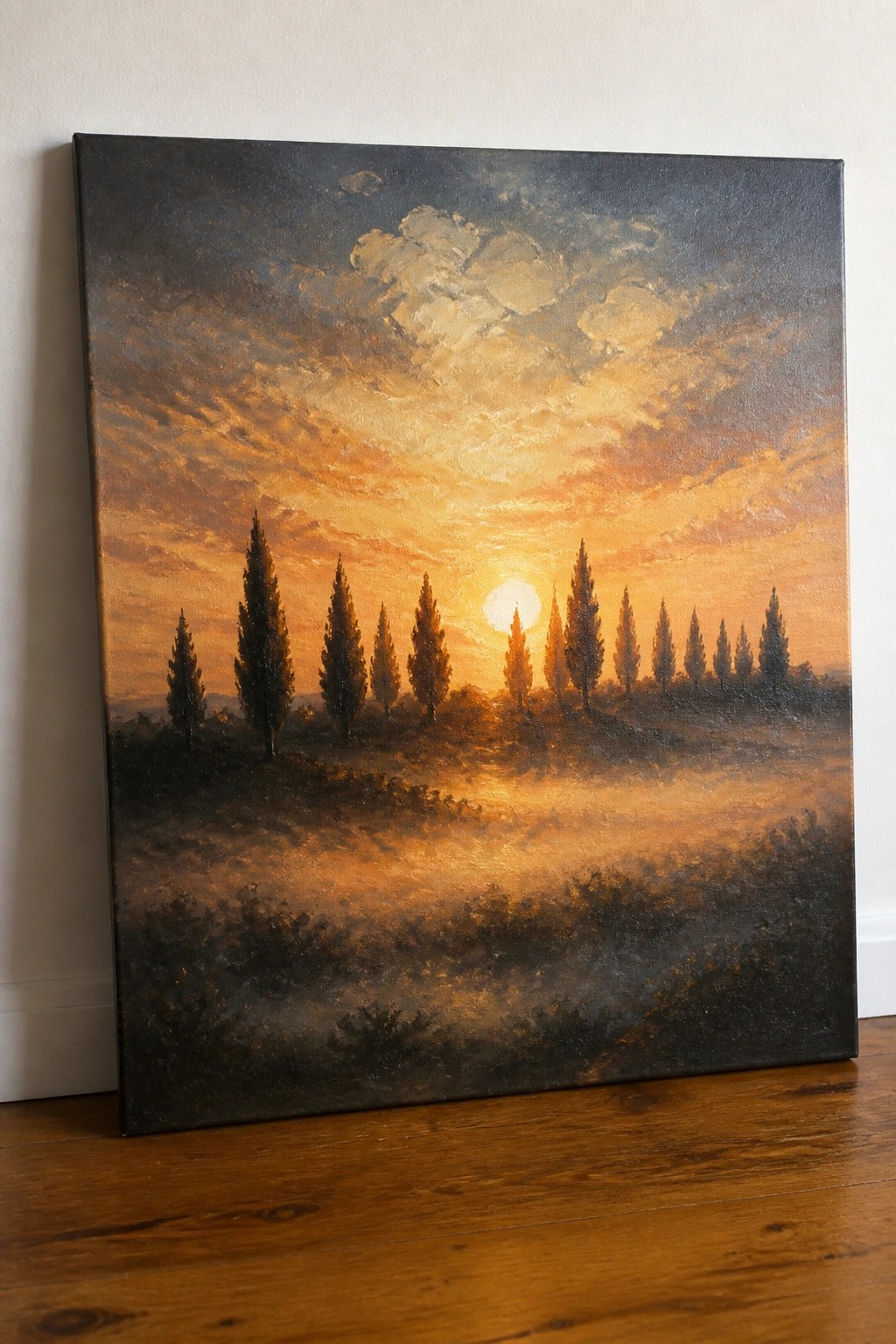 Landscape painting of cypress trees in misty field under vibrant orange sunset sky