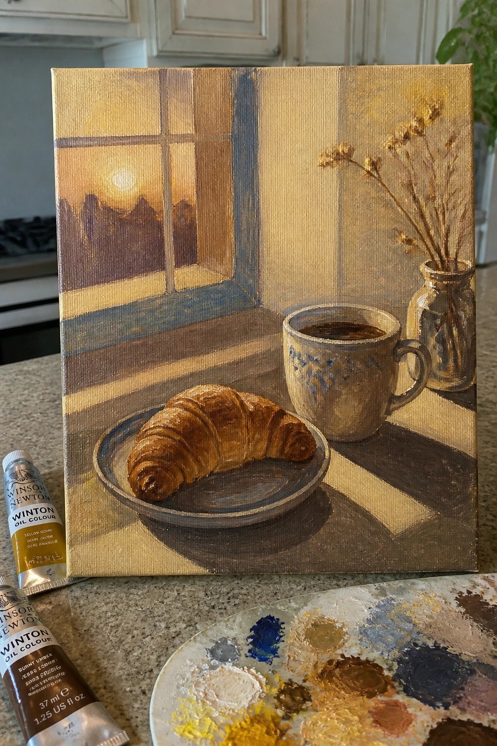 Oil painting of croissant, coffee mug, and dried flowers on windowsill with palette nearby
