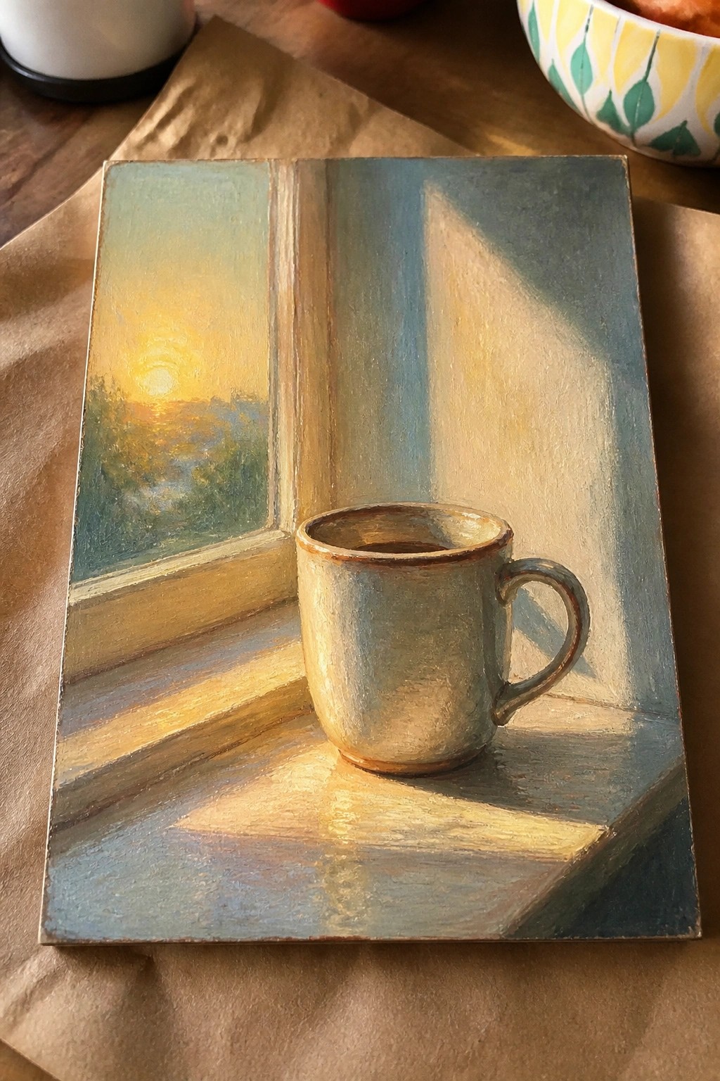 Impressionistic painting of a ceramic mug on a sunlit windowsill overlooking a golden sunset landscape