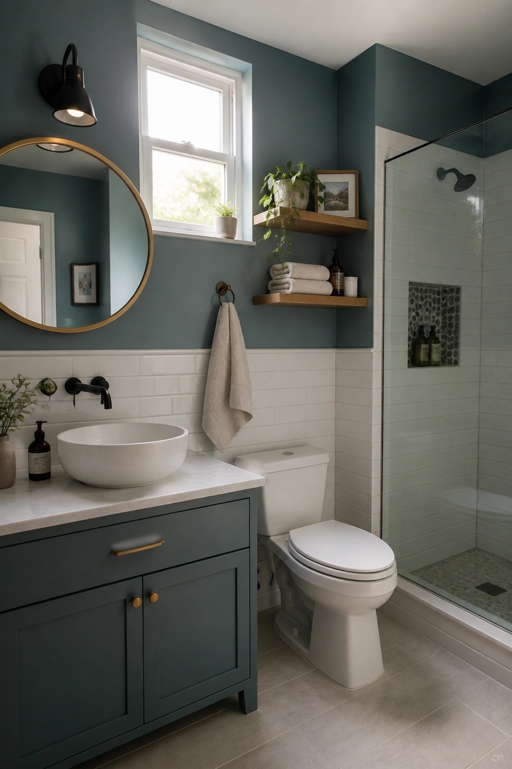 Modern bathroom with teal walls, dark vanity, white vessel sink, toilet, and shower