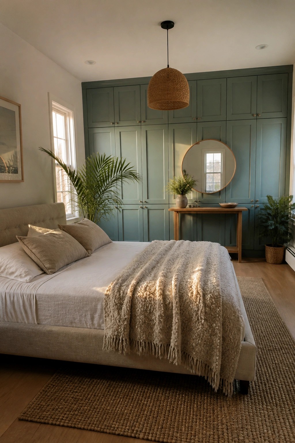 Serene bedroom with sage green cabinets, tufted bed, fringed throw, round mirror, and woven pendant.