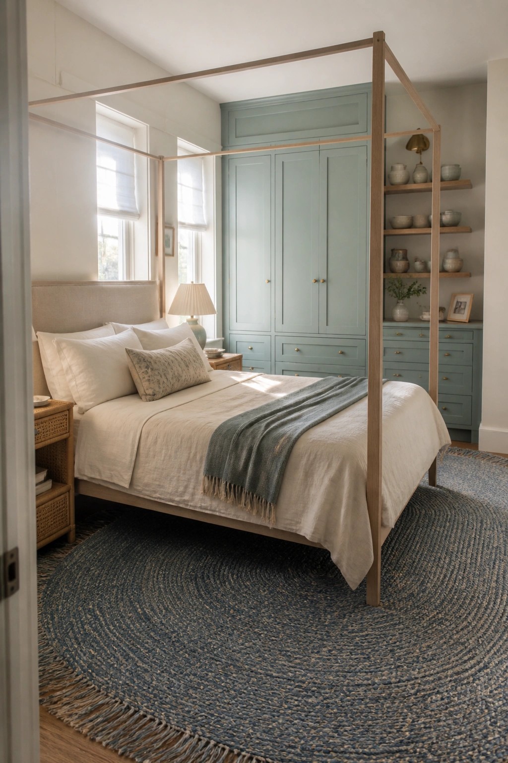 A bedroom featuring soft blue-green painted built-in cabinets and a wooden four-poster bed.