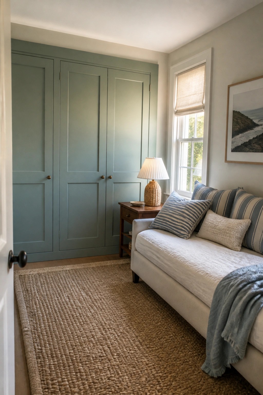 Built-in bedroom cabinets painted in a soft blue-green color next to a wooden nightstand.