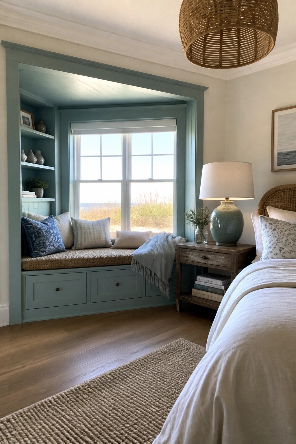 Coastal bedroom with teal window seat overlooking dunes, nightstand, woven light, and bed.