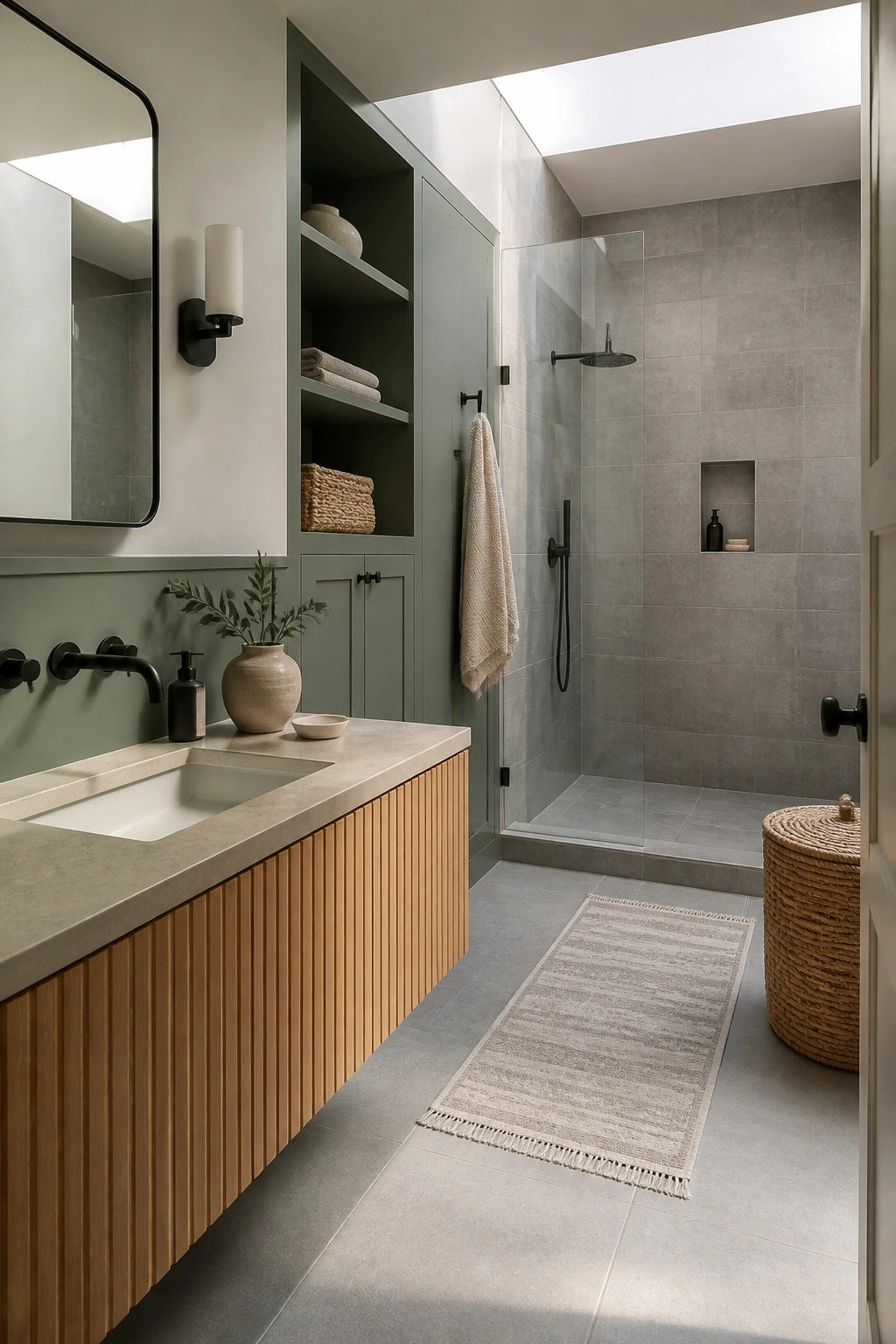 Modern bathroom with green built-in shelves, wooden vanity, gray tiled shower, and skylight