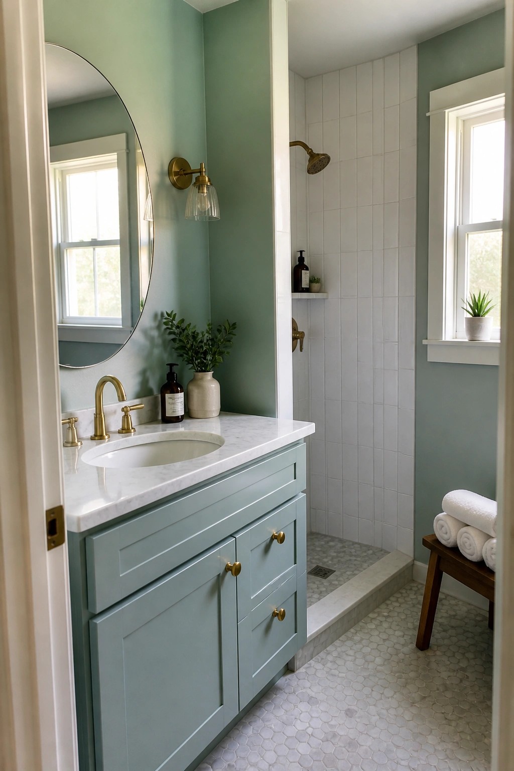 A coastal bathroom with soft blue-green paint on the walls and vanity cabinet beside white marble and tile.