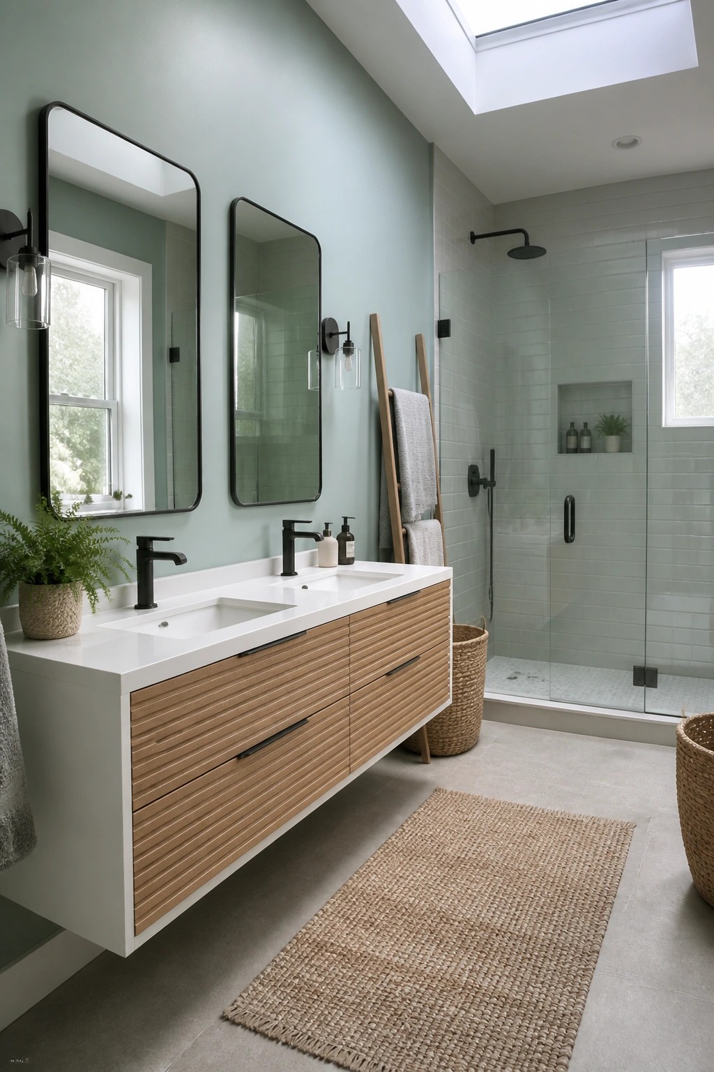 A bathroom featuring soft blue-green walls paired with a light wood vanity and white shower tile.