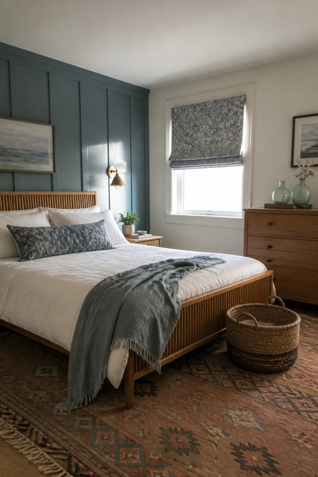 Deep blue-green paneling covers the bedroom walls next to a wooden bed frame.