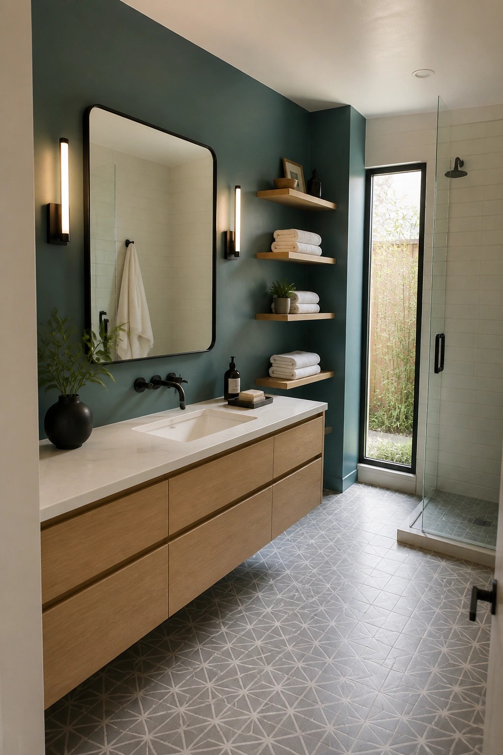 A bathroom featuring deep blue-green walls paired with a light wood floating vanity and white marble countertop.