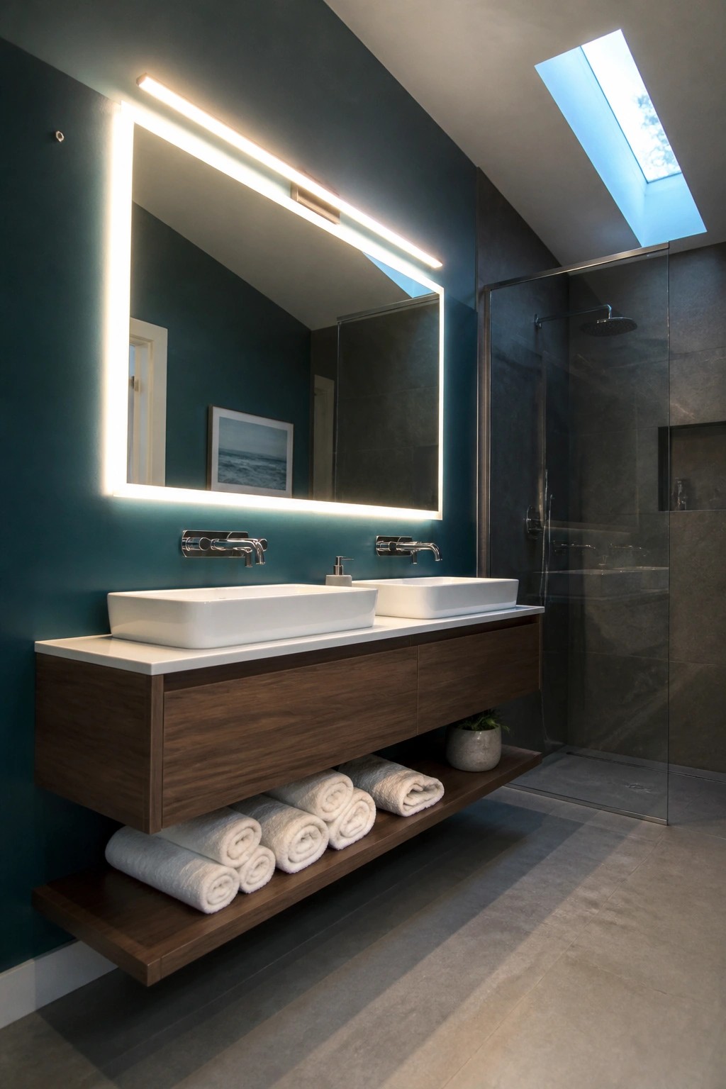 Bathroom walls painted deep teal blue-green with a floating wood vanity.