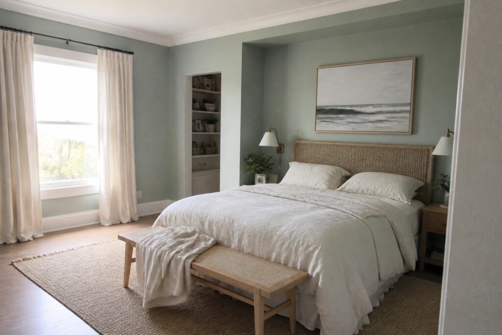 25 Relaxed Blue-Green Paint Colors for Coastal Bedrooms and Bathrooms Cozy bedroom with white linens, woven bench, ocean painting on green walls