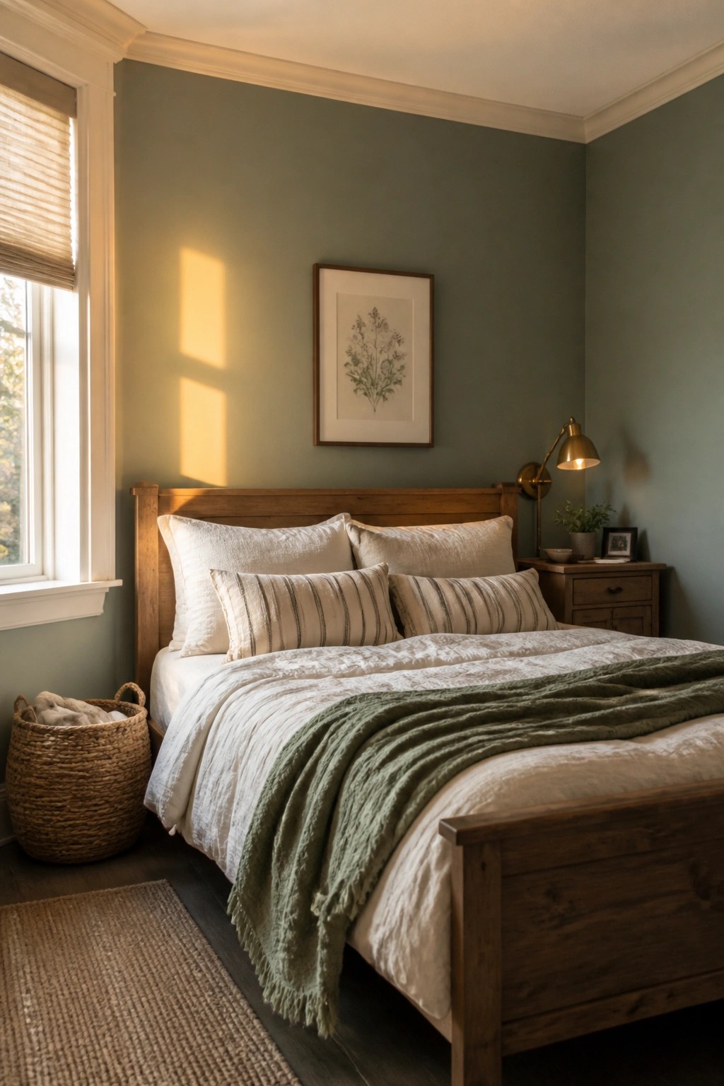 Cozy wooden bed with white linens, green throw, and striped pillows in sage bedroom