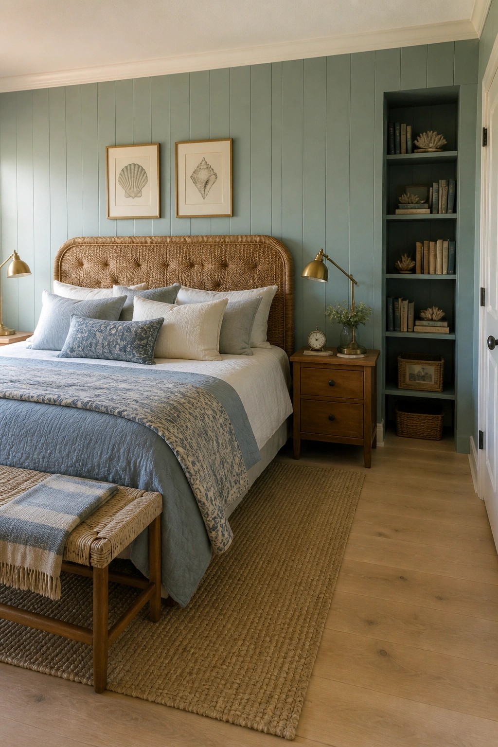 A bedroom featuring muted blue-green walls paired with warm wood furniture.