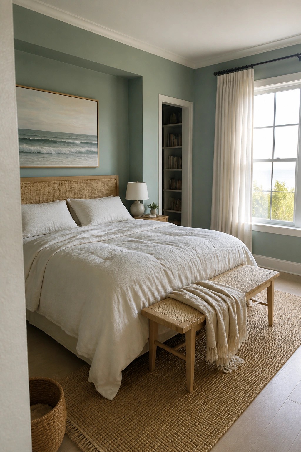 Cozy bedroom with white linens, woven bench, ocean painting on green walls