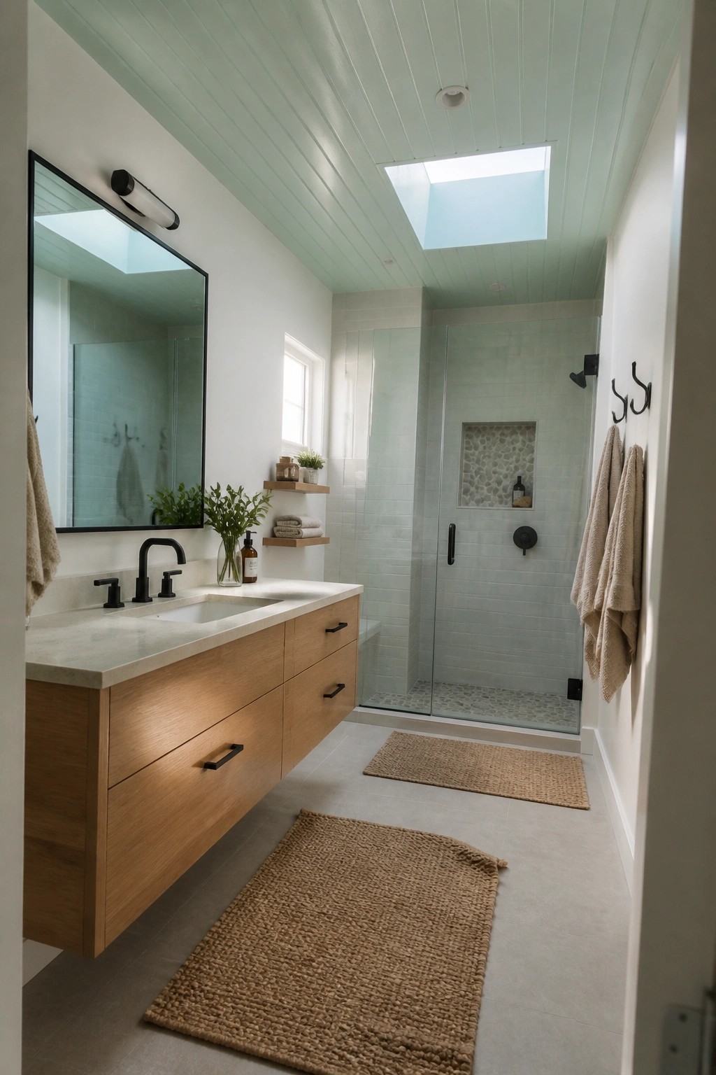 A narrow bathroom with a pale blue-green ceiling and white walls.