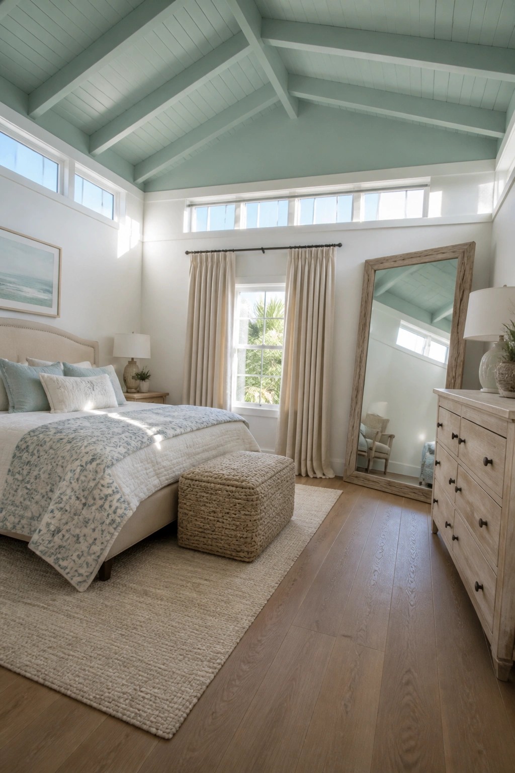 A bedroom with pale blue-green paint on the vaulted ceiling and white walls below.