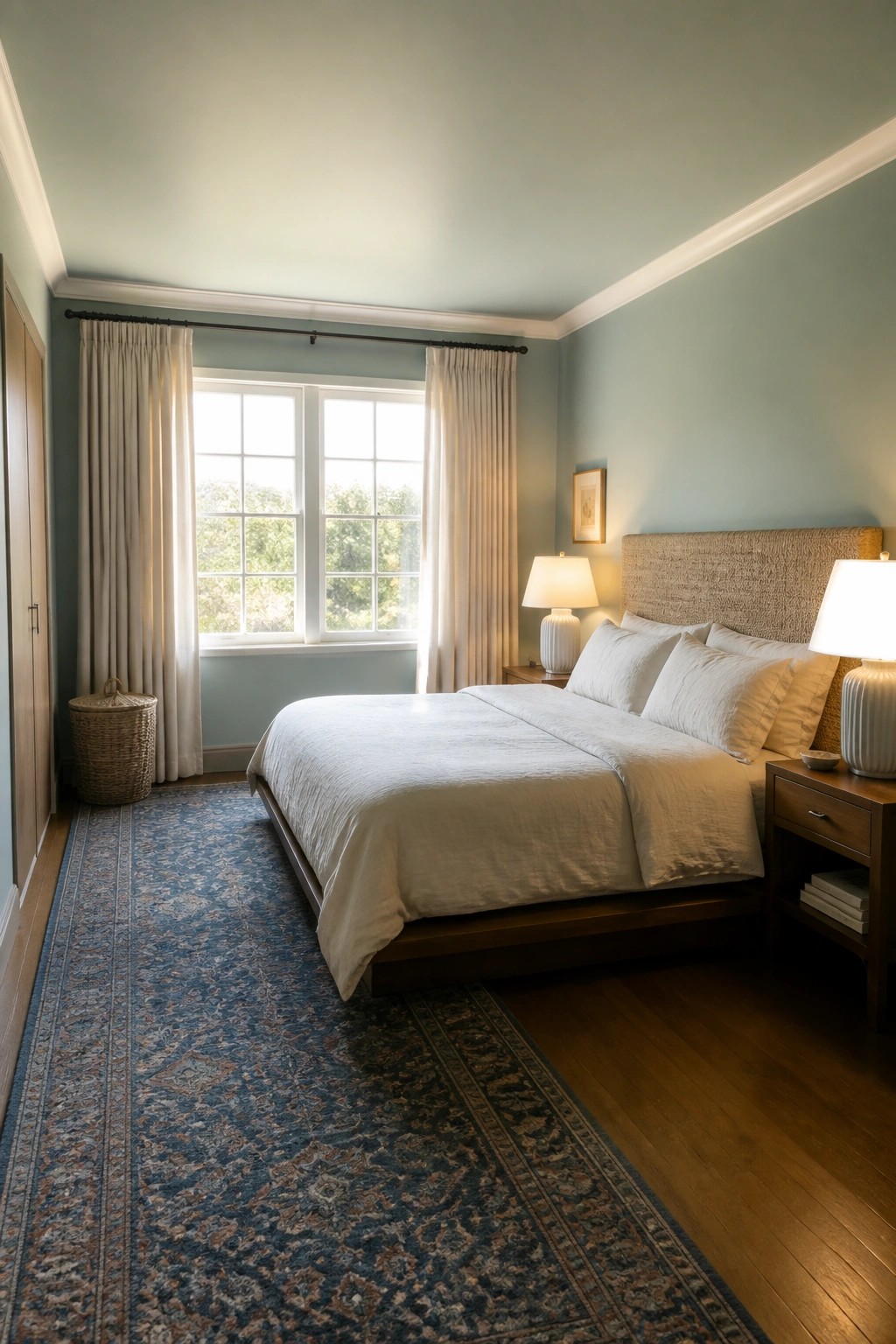 Bedroom walls painted a soft blue-green beside warm wood flooring and white trim.
