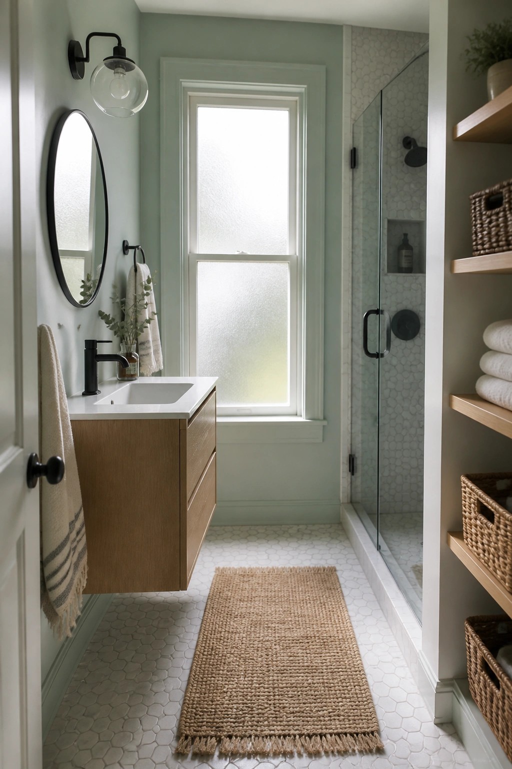 A narrow bathroom with soft blue-green walls, a floating wood vanity, and white hexagonal tile flooring.