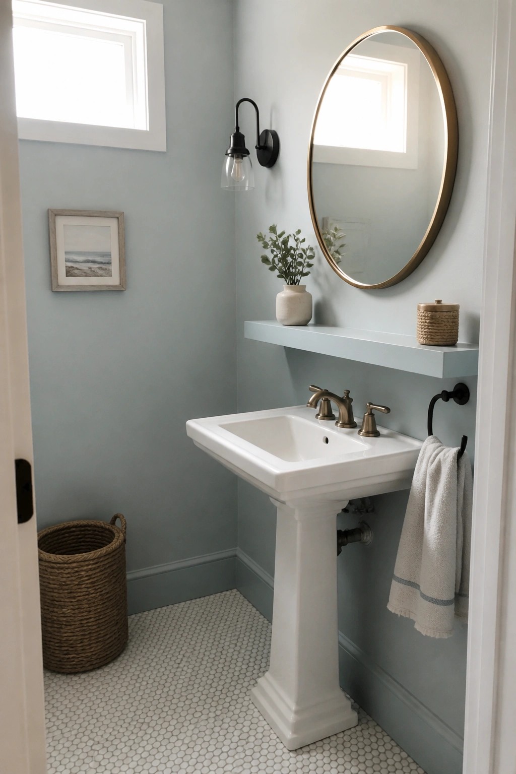 A small bathroom painted in a soft blue-green with a white pedestal sink and floating shelf.