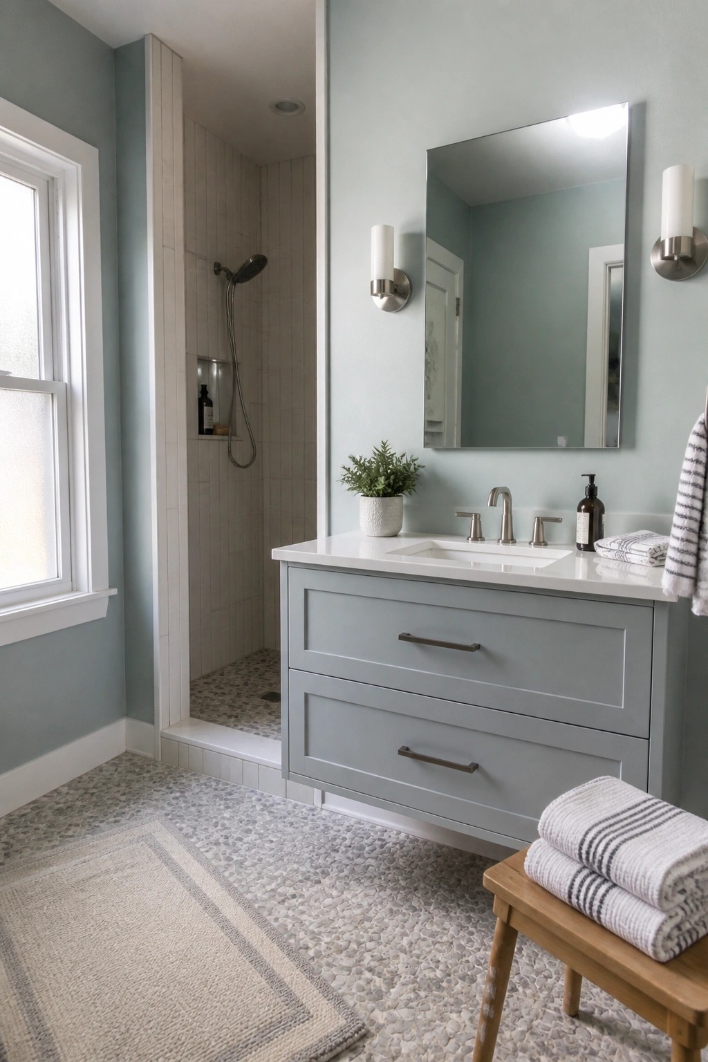 Modern bathroom with light blue walls, gray vanity, white sink, and pebble shower.