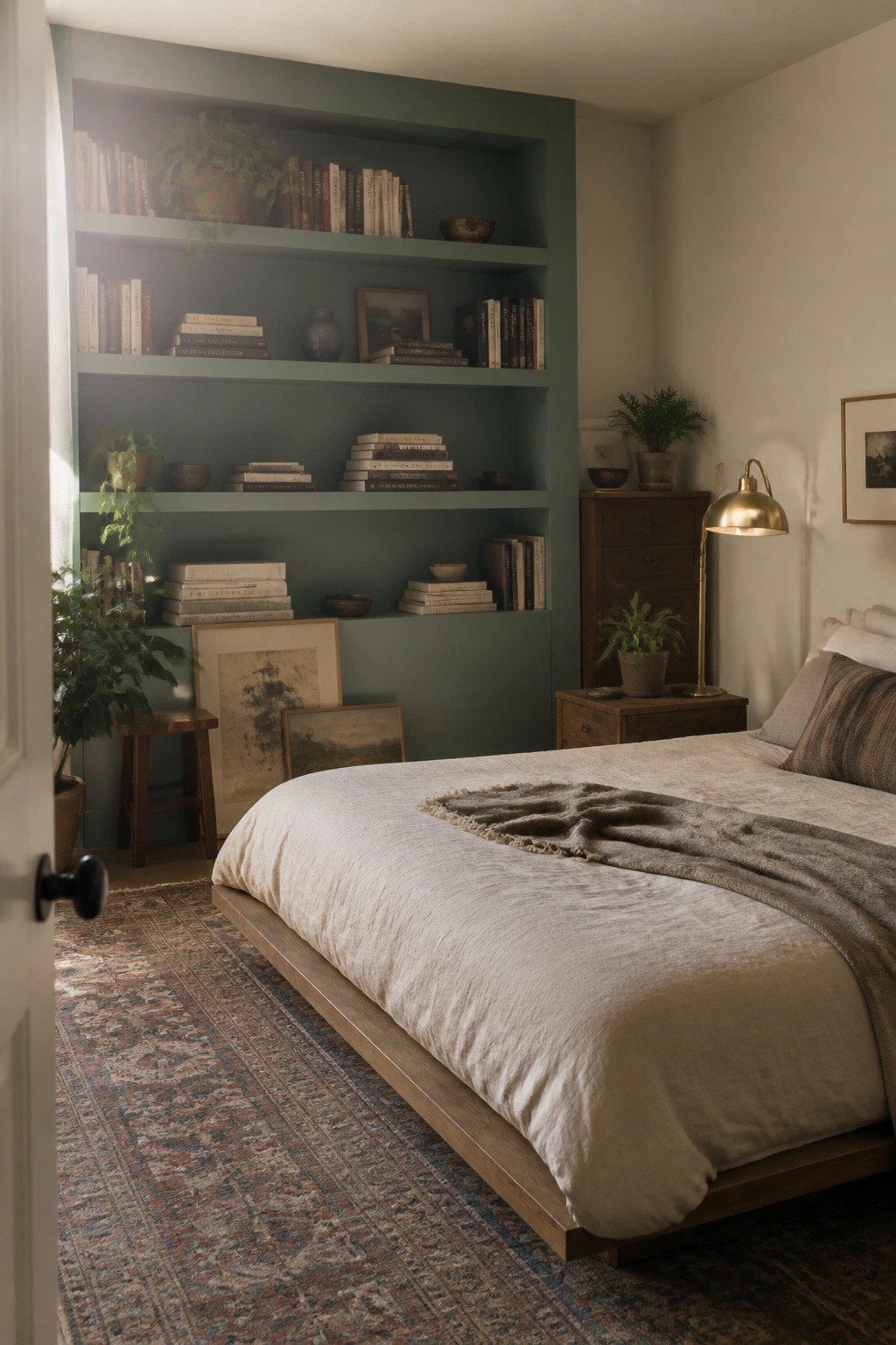 A bedroom featuring built-in shelves painted in a soft blue-green shade.