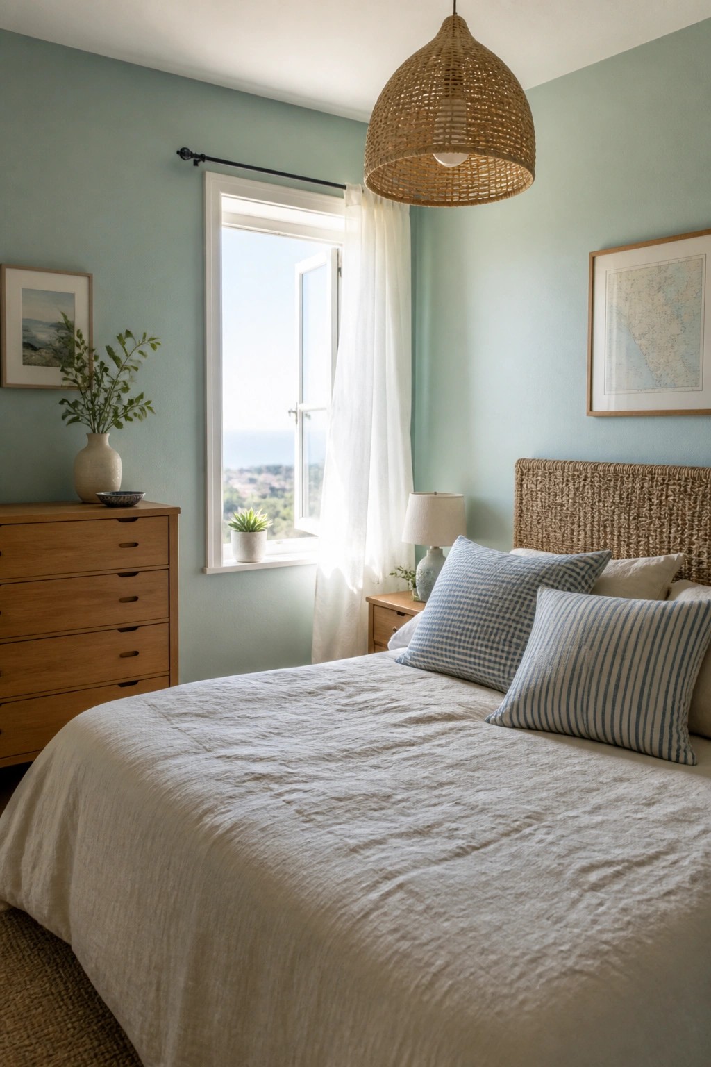 Soft blue-green walls in a coastal bedroom with a wooden dresser and open window.
