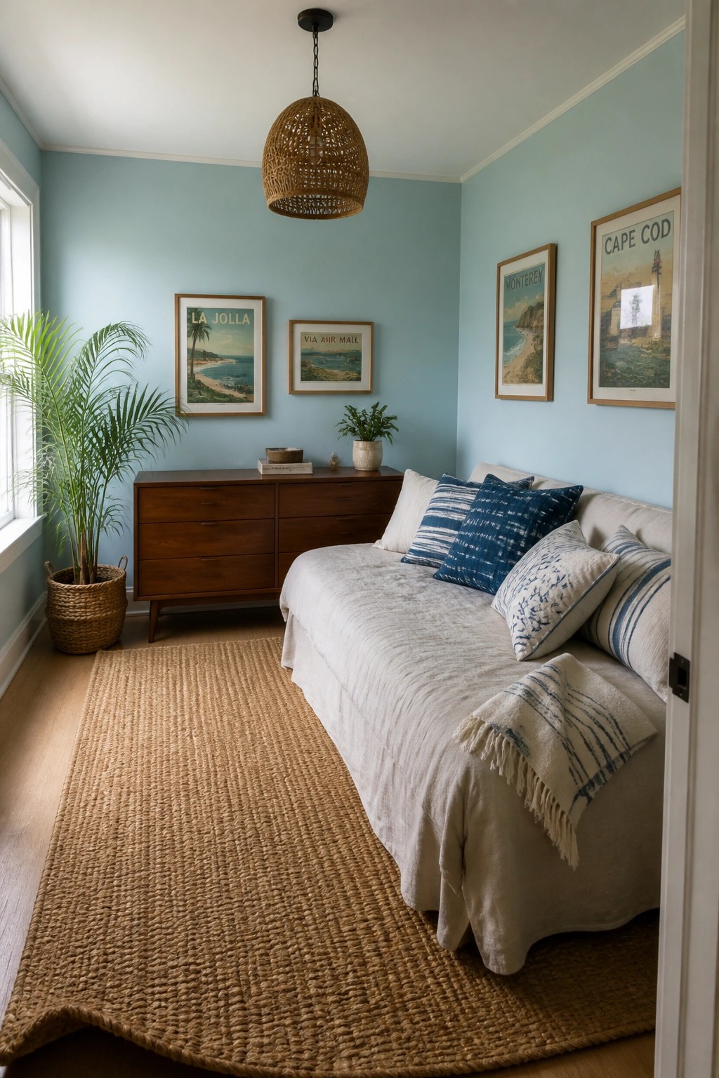 Light blue-green walls in a bedroom with a wooden dresser and natural light.