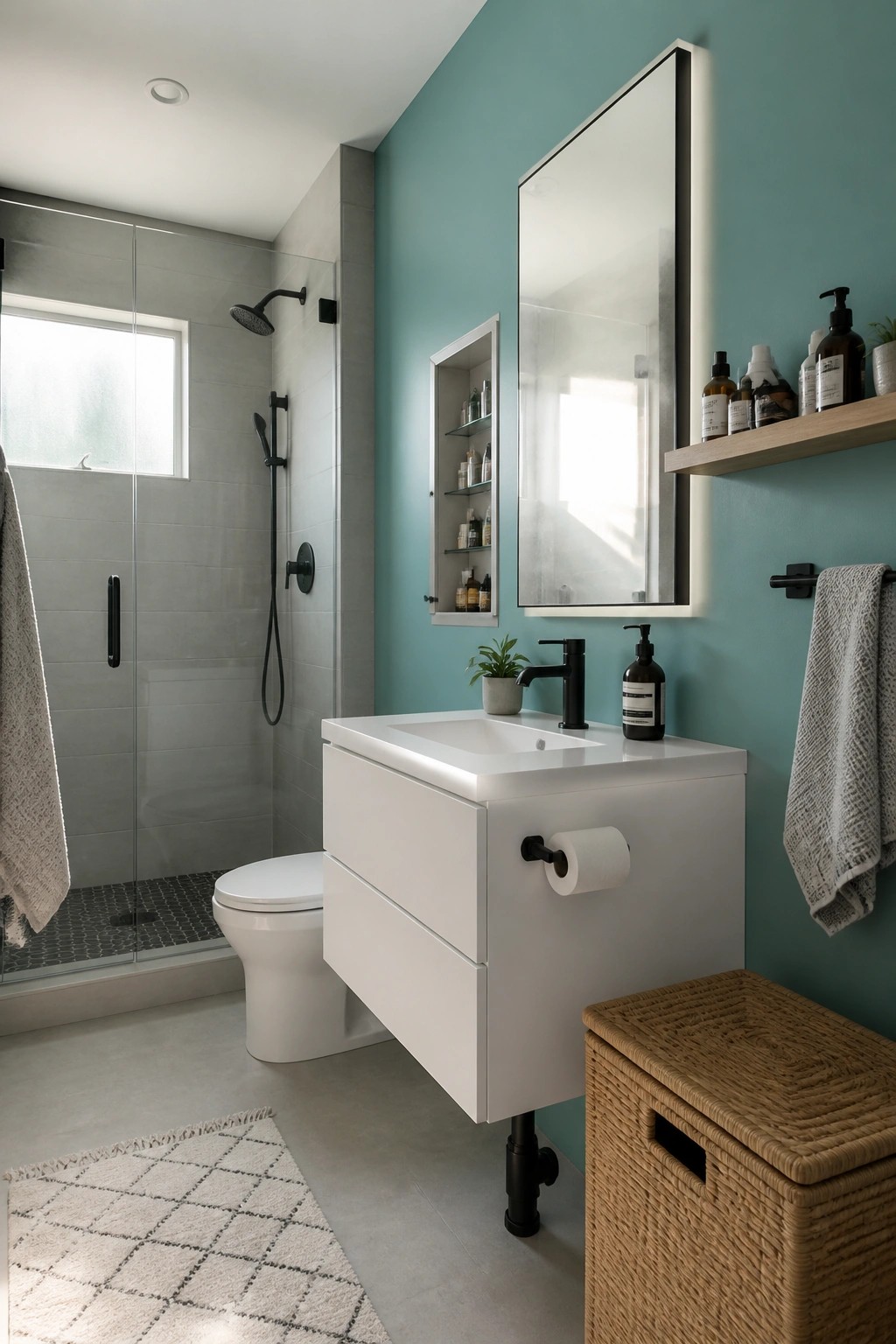 Modern bathroom with teal walls, white floating vanity, black fixtures, and glass shower.