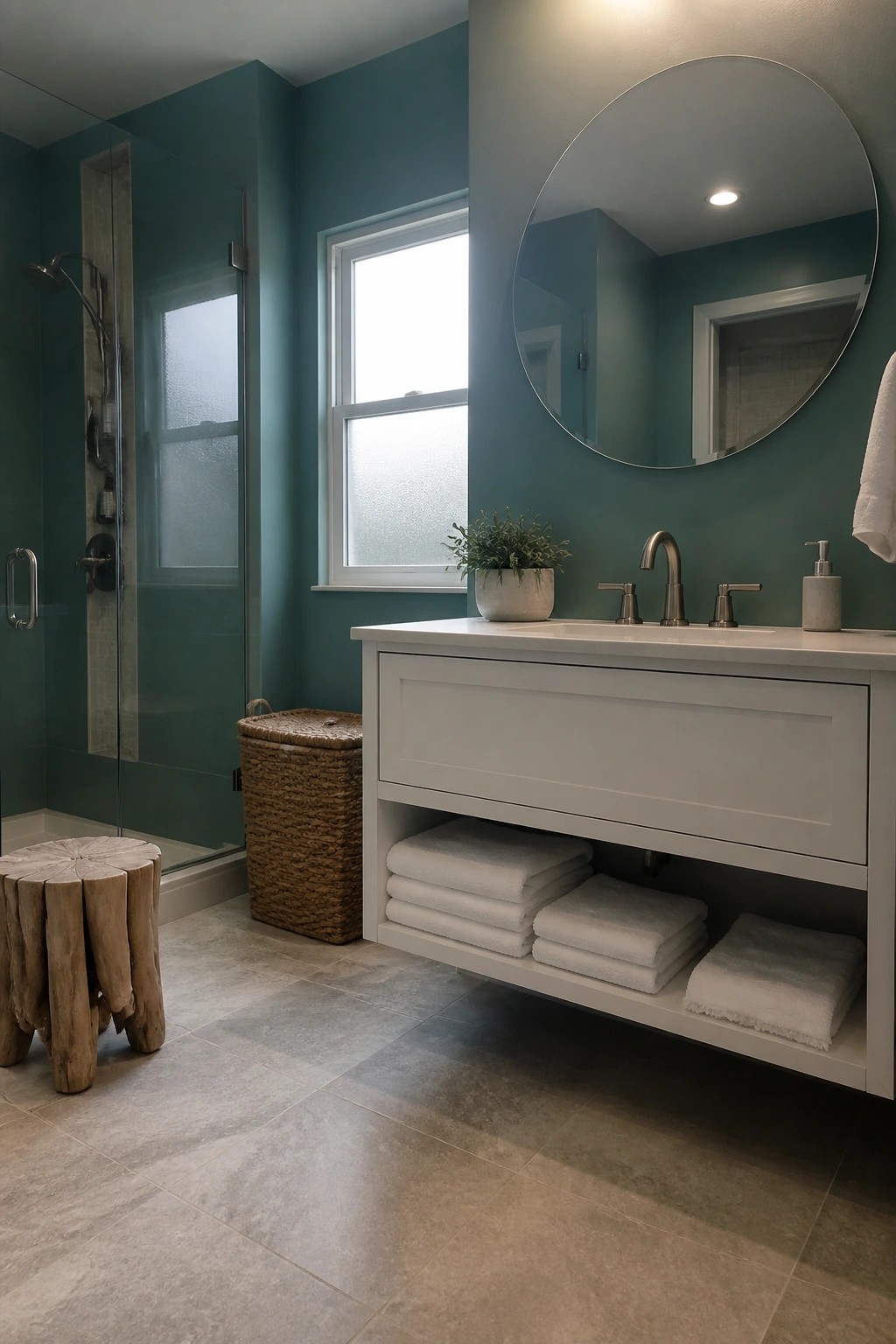 Bathroom walls painted in a deep teal blue-green beside a white vanity and open shelving.