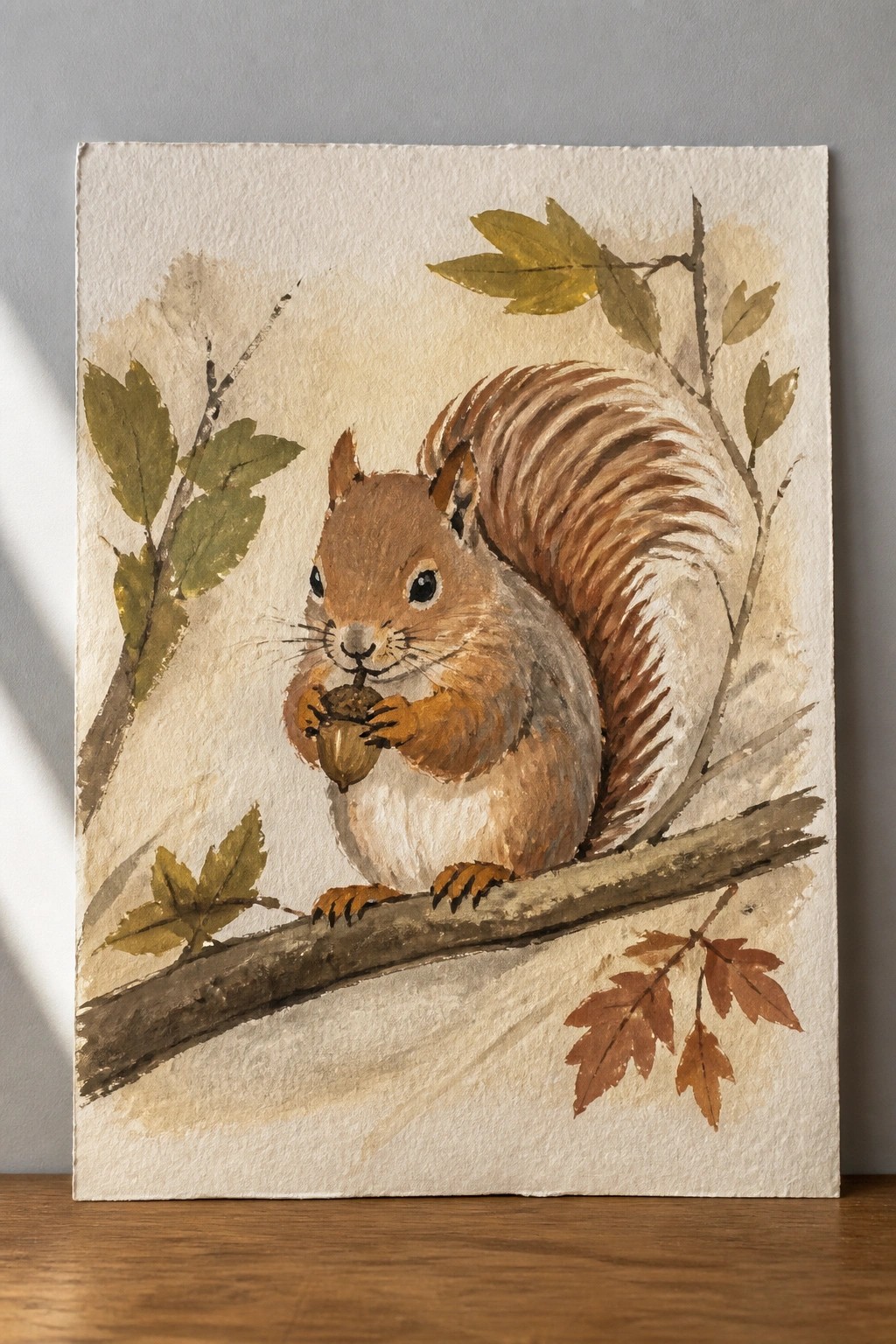 Watercolor painting of brown squirrel holding acorn on branch with green and brown leaves