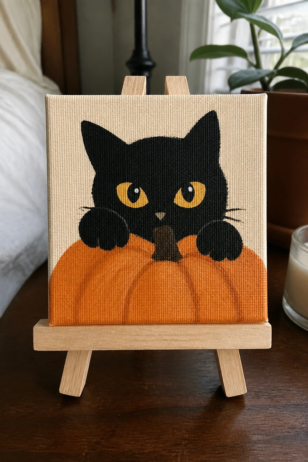 Black cat with yellow eyes peeking from orange pumpkin on wooden easel