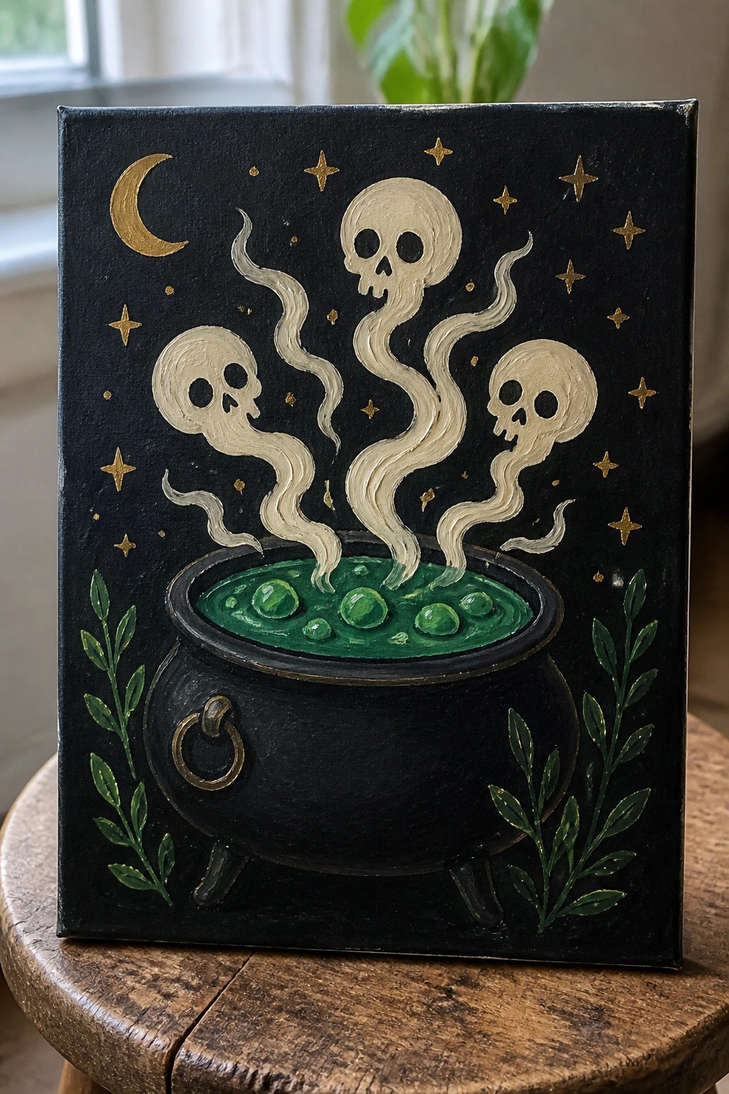 Black cauldron with green potion emitting three skulls amid gold moon and stars