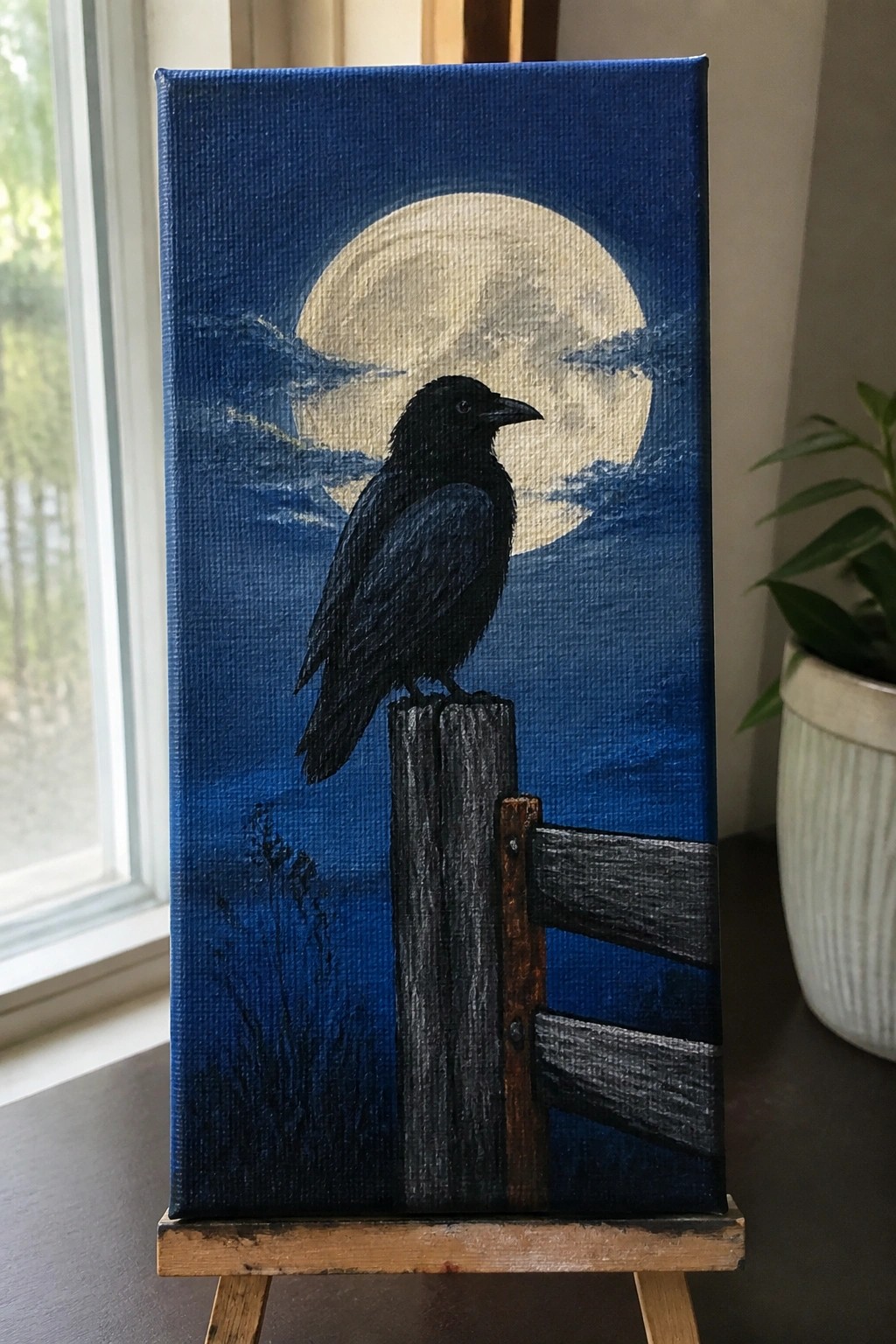 Black raven perches on wooden fence post under large full moon in blue night sky