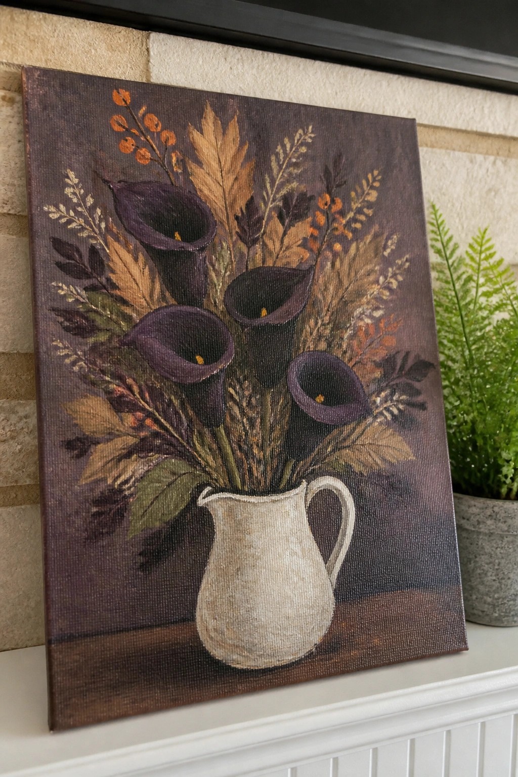 Painting of dark purple calla lilies in white pitcher with autumn leaves and berries