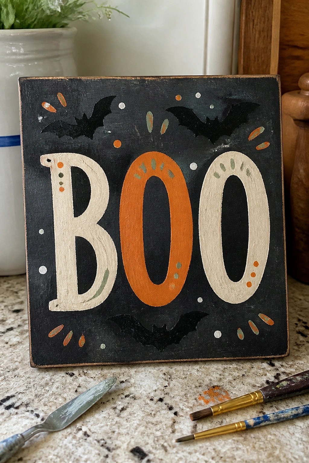 Hand-painted black wooden Halloween sign with orange and cream 