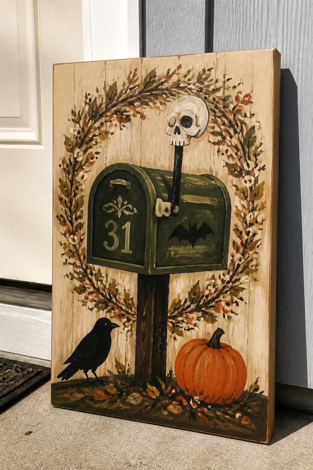 Hand-painted wooden sign of green mailbox with skull, bat, crow, pumpkin, and autumn wreath.