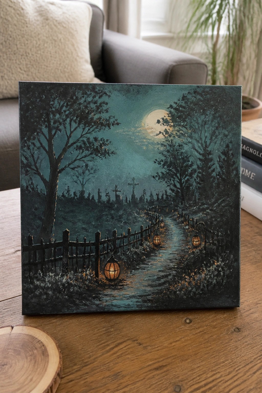 Moonlit graveyard painting with glowing lanterns along a fenced cemetery path