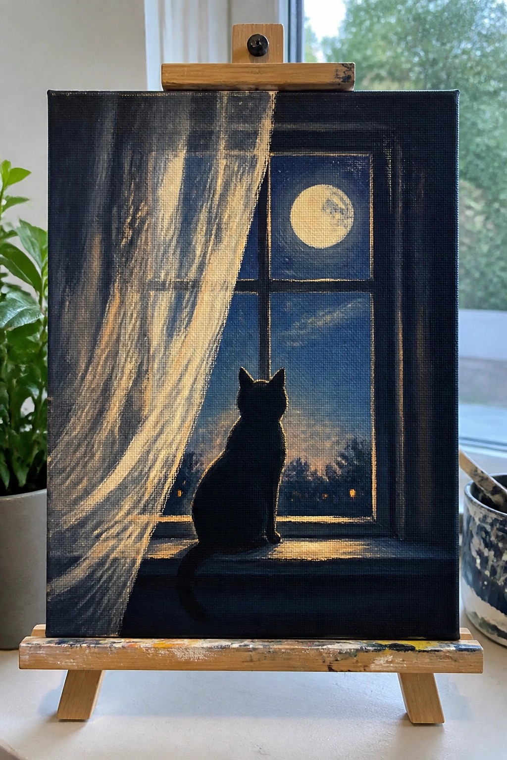 Black cat on windowsill gazing at full moon through window with curtain, on easel.