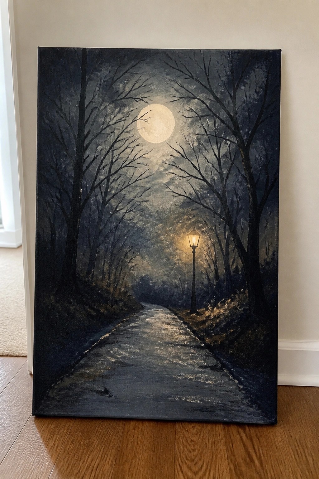 Moonlit path winds through dark bare trees past glowing lamppost in oil painting.
