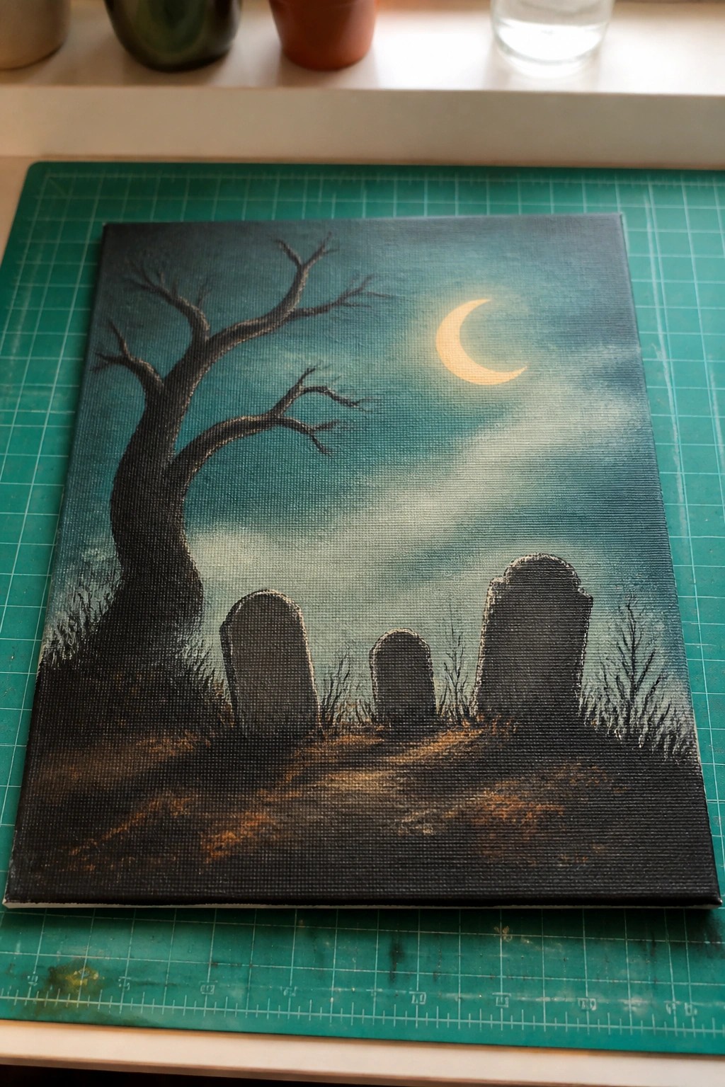 Nighttime graveyard painting with gnarled tree, three tombstones, and glowing crescent moon