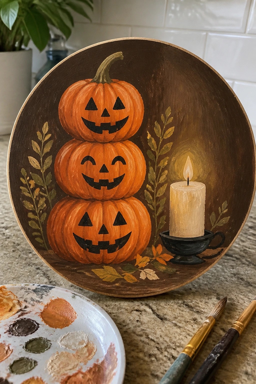 Stacked jack-o'-lanterns, lit candle, and golden leaves on painted wooden plate with palette