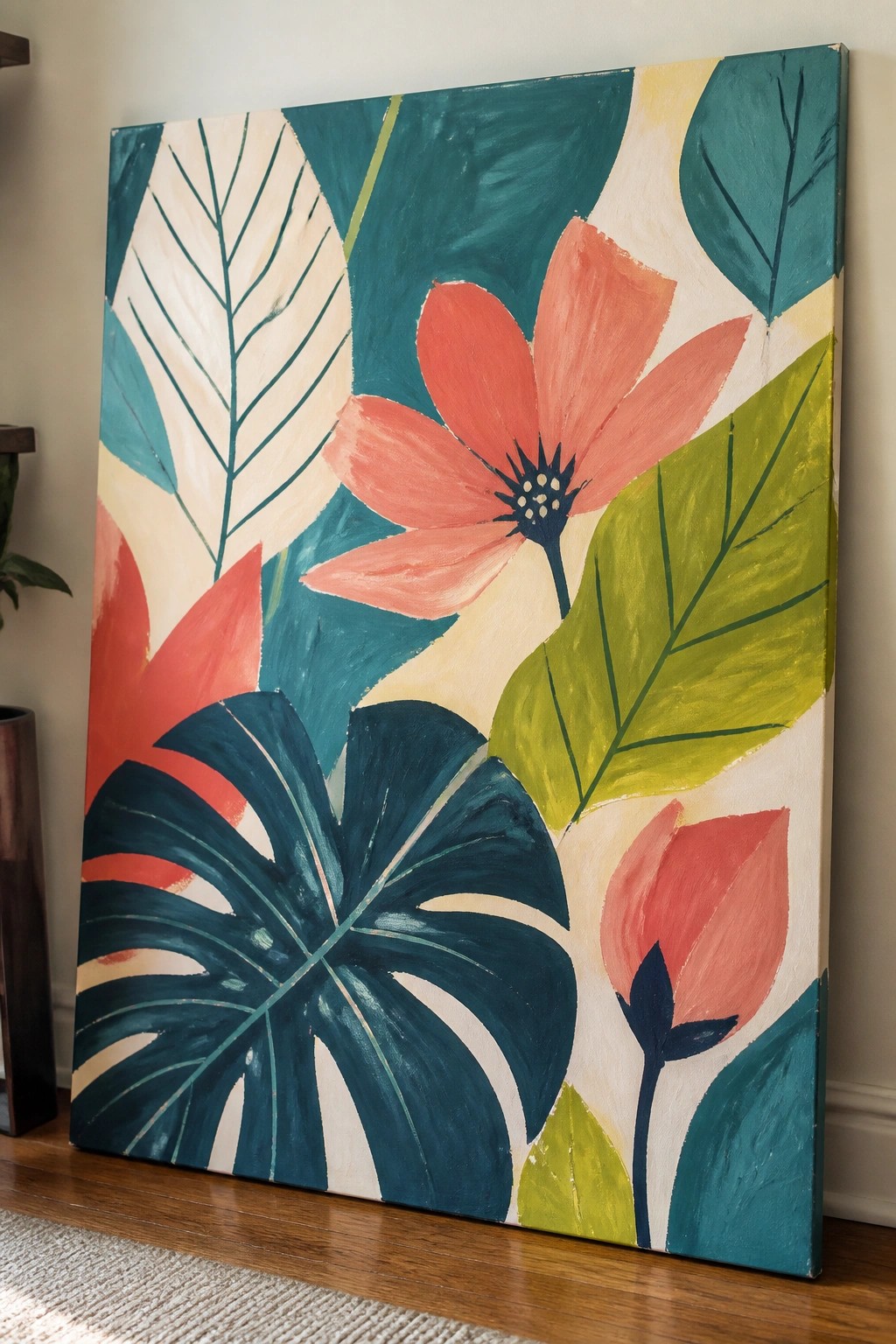 Colorful abstract painting of large teal leaves and coral tropical flowers on canvas
